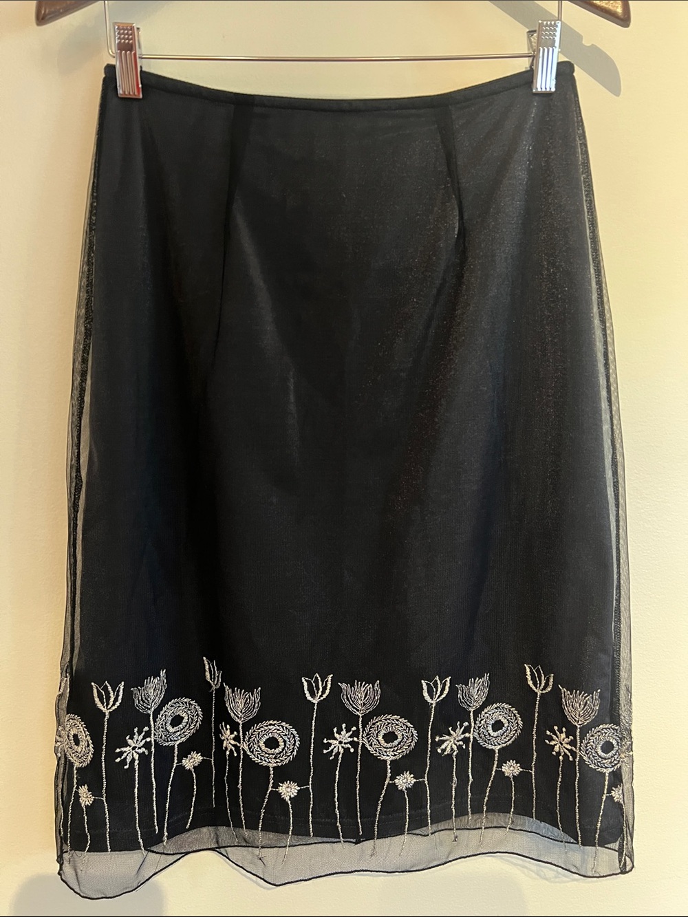 Black Midi Skirt with Silver Floral Embroidery